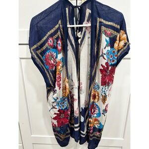 MOTH Women's Kimono Cover Up Blue Floral Print Lightweight Beach Resort M L